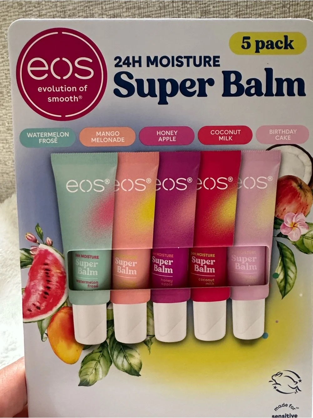 eos Super Balm 5-Pack Lip Tubes - pastel green, peach, yellow, red, light pink